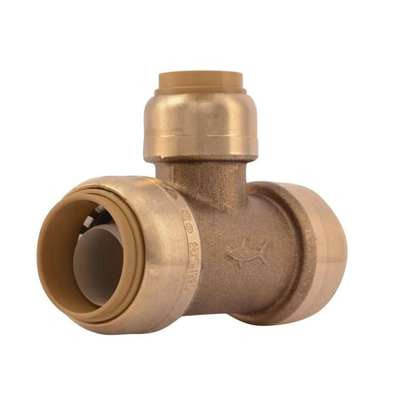 The Go Build 3/4 in. x 3/4 in. x 1/2 in. Push-to-Connect Reducing Tee, made from corrosion-resistant brass, has three ports for fast pipe connections and is shown against a white background.